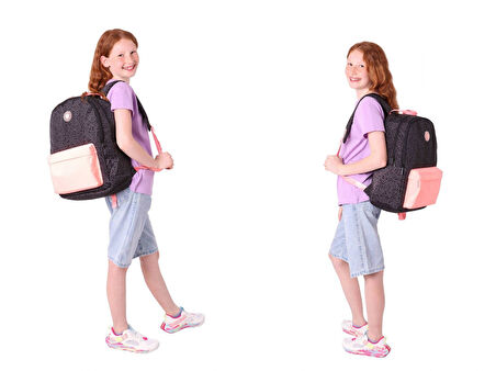 Kaukko Çizgi Desenli Siyah Somon Kız Çocuk Üçlü Okul Çanta Seti