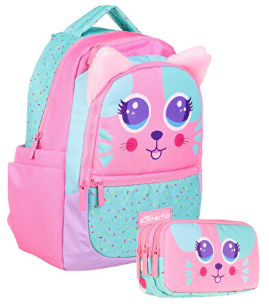 Kaukko Okul Çantası ve Üç Bölmeli Kalemlik Seti - Pembe Yeşil - Sevimli Kedi Şekilli