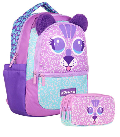 Kaukko Okul Çantası ve Üç Bölmeli Kalemlik Seti - Mor - Sevimli Aslan Şekilli