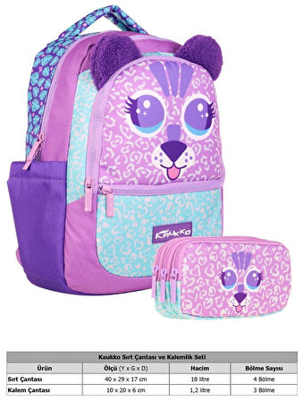 Kaukko Okul Çantası ve Üç Bölmeli Kalemlik Seti - Mor - Sevimli Aslan Şekilli
