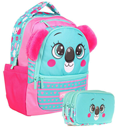 Kaukko Okul Çantası ve Üç Bölmeli Kalemlik Seti - Yeşil Kırmızı - Sevimli Koala Şekilli