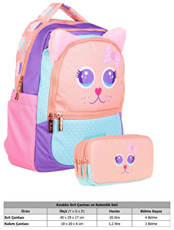 Kaukko Okul Çantası ve Üç Bölmeli Kalemlik Seti - Pembe Turkuaz - Sevimli Kedi Şekilli