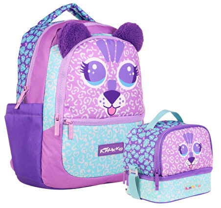 Kaukko Kids Sevimli Aslan Şekilli Kız Çocuk Okul Çantası ve Beslenme Çantası Seti - Mor