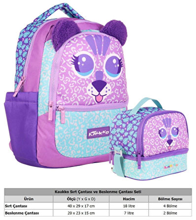 Kaukko Kids Sevimli Aslan Şekilli Kız Çocuk Okul Çantası ve Beslenme Çantası Seti - Mor