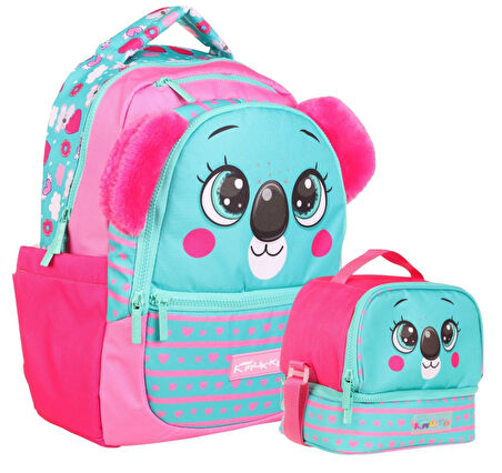 Kaukko Kids Sevimli Koala Şekilli Kız Çocuk Okul Çantası ve Beslenme Çantası Seti - Yeşil Kırmızı