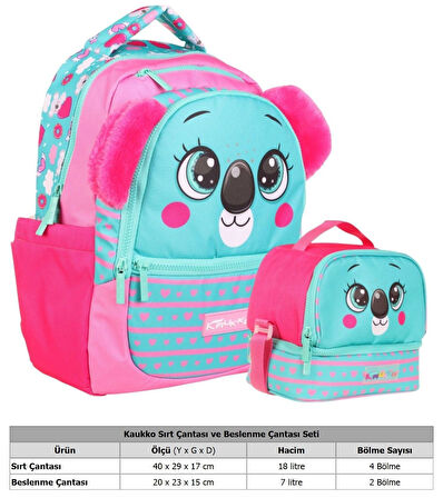 Kaukko Kids Sevimli Koala Şekilli Kız Çocuk Okul Çantası ve Beslenme Çantası Seti - Yeşil Kırmızı