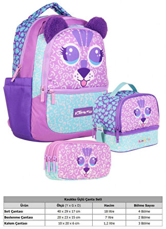 Kaukko Kids Kız Çocuk Üçlü İlkokul 1.2.3.4. Sınıf Okul Çanta Seti - Sevimli Aslan Şekilli - Mor
