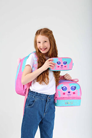 Kaukko Kids Kız Çocuk Üçlü İlkokul 1.2.3.4. Sınıf Okul Çanta Seti - Sevimli Kedi Şekilli - Pembe Yeşil