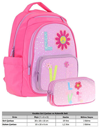 Kaukko Kids Simli Love Desenli Kız Çocuk Okul Çantası ve Üç Gözlü Kalem Çantası Seti (L5211+L8211)