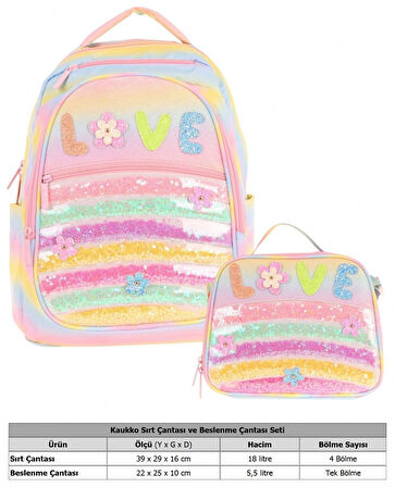 Kaukko Kids Dört Bölmeli Okul Çantası ve Beslenme Çantası Seti - Simli Pullu Love Baskılı - Kız Çocuk (L5214+L7214)