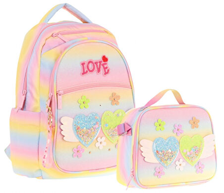 Kaukko Kids Dört Bölmeli Okul Çantası ve Beslenme Çantası Seti - Simli Kalp ve Çiçek Detaylı - Kız Çocuk (L5213+L7213)