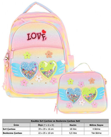 Kaukko Kids Dört Bölmeli Okul Çantası ve Beslenme Çantası Seti - Simli Kalp ve Çiçek Detaylı - Kız Çocuk (L5213+L7213)
