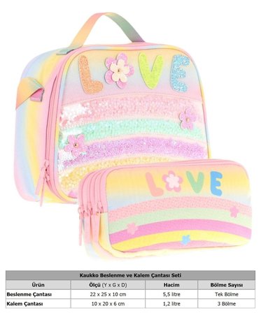 Kaukko Simli Pullu Love Kız Çocuk Isı Yalıtımlı Beslenme Çantası ve Kalemlik Seti (L7214+L8214)