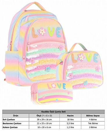 Kaukko Kids Kız Çocuk Simli Pullu Love Baskılı İlkokul 1.2.3.4. Sınıf Üçlü Okul Çanta Seti