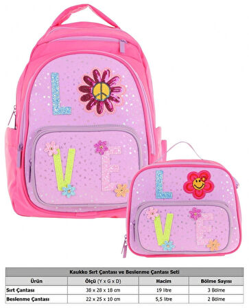 Kaukko Kids Dört Bölmeli Okul Çantası ve Beslenme Çantası Seti - Simli Love Desenli - Kız Çocuk (L5211+L7211)
