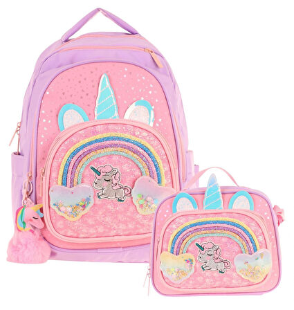 Kaukko Kids Dört Bölmeli Okul Çantası ve Beslenme Çantası Seti - Simli Unicorn Desenli - Kız Çocuk (L5212+L7212)