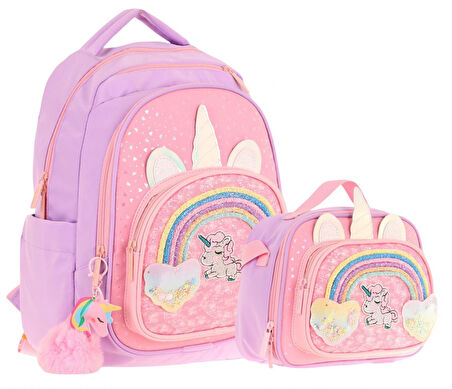 Kaukko Kids Dört Bölmeli Okul Çantası ve Beslenme Çantası Seti - Simli Unicorn Desenli - Kız Çocuk (L5212+L7212)