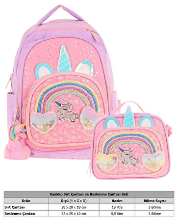 Kaukko Kids Dört Bölmeli Okul Çantası ve Beslenme Çantası Seti - Simli Unicorn Desenli - Kız Çocuk (L5212+L7212)