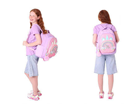 Kaukko Kids Dört Bölmeli Okul Çantası ve Beslenme Çantası Seti - Simli Unicorn Desenli - Kız Çocuk (L5212+L7212)