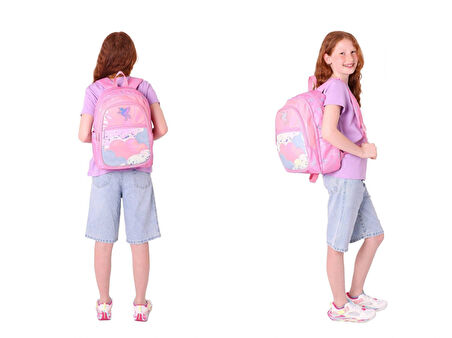 Kaukko Kids Kız Çocuk Okul Çantası ve Üç Bölmeli Kalemlik Seti (Pembe - Pullu Bulut ) - (L5218+L8218)