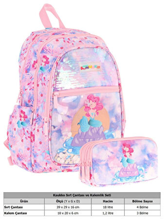 Kaukko Kids Kız Çocuk Okul Çantası ve Üç Bölmeli Kalemlik Seti (Pembe Mavi - Pullu Denizkızı) - (L5217+L8217)