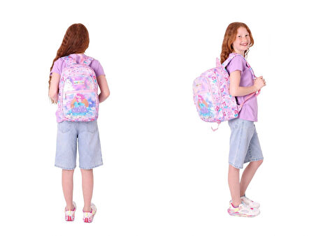 Kaukko Kids Kız Çocuk Okul Çantası ve Üç Bölmeli Kalemlik Seti (Pembe Mavi - Pullu Denizkızı) - (L5217+L8217)