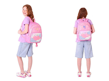 Kaukko Kids Pullu Bulut Desenli, Kız Çocuk Pembe Okul Çantası + Beslenme Çantası Seti (L5218+L7218)