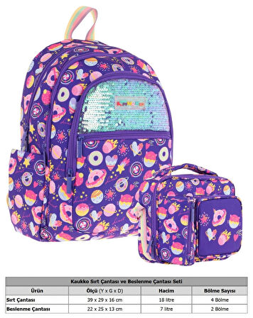 Kaukko Kids Pullu Şekerleme Desenli, Kız Çocuk Mor Okul Çantası + Beslenme Çantası Seti (L5216+L7216)