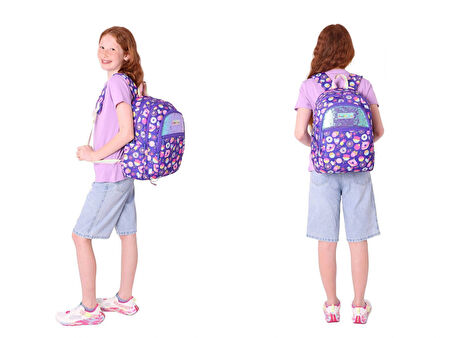Kaukko Kids Pullu Şekerleme Desenli, Kız Çocuk Mor Okul Çantası + Beslenme Çantası Seti (L5216+L7216)