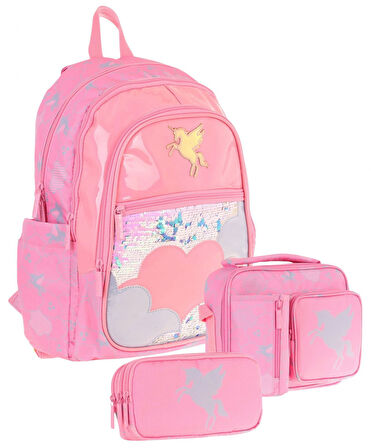 Kaukko Kids Kız Çocuk - Pembe Pullu Bulut Desenli - Okul Çanta Seti (Sırt Çantası+Beslenme Çantası+Kalemlik)