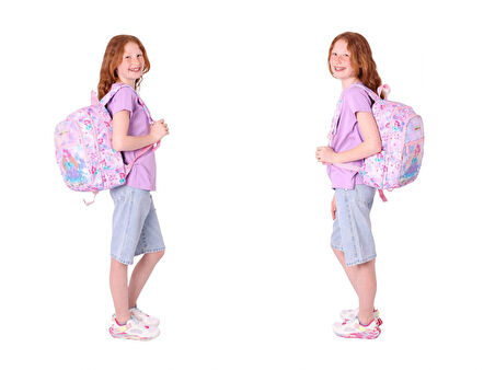 Kaukko Kids Kız Çocuk - Pembe Mavi Pullu Denizkızı Desenli - Okul Çanta Seti (Sırt Çantası+Beslenme Çantası+Kalemlik)