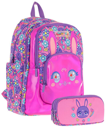 Kaukko Kids Kız Çocuklar İçin Sırt Çantası ve Kalemlik Seti - Tavşan Şekilli - Mor Pembe - (L5220+L8220)