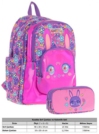 Kaukko Kids Kız Çocuklar İçin Sırt Çantası ve Kalemlik Seti - Tavşan Şekilli - Mor Pembe - (L5220+L8220)