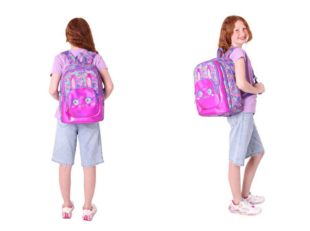 Kaukko Kids Kız Çocuklar İçin Sırt Çantası ve Kalemlik Seti - Tavşan Şekilli - Mor Pembe - (L5220+L8220)