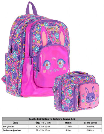 Kaukko Kids Okul ve Beslenme Çantası Seti (Kız Çocuk) - Tavşan Şekilli Mor Pembe - (L5220+L7220)