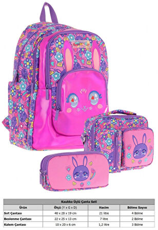 Kaukko Kids Tavşan Şekilli (Mor Pembe) Kız Çocuk Üçlü İlkokul Okul Çantası Seti