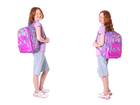 Kaukko Kids Tavşan Şekilli (Mor Pembe) Kız Çocuk Üçlü İlkokul Okul Çantası Seti