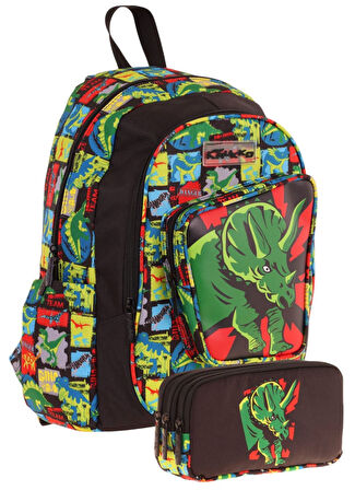 Kaukko Erkek Çocuklar İçin Okul Sırt Çantası (L5263) ve Üç Bölmeli Kalemlik (L8263) Seti - Siyah Yeşil - 3D Gergedan Detaylı