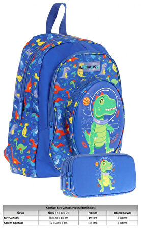 Kaukko Erkek Çocuklar İçin Okul Sırt Çantası (L5262) ve Üç Bölmeli Kalemlik (L8262) Seti - Mavi Yeşil - 3D Dinazor Detaylı