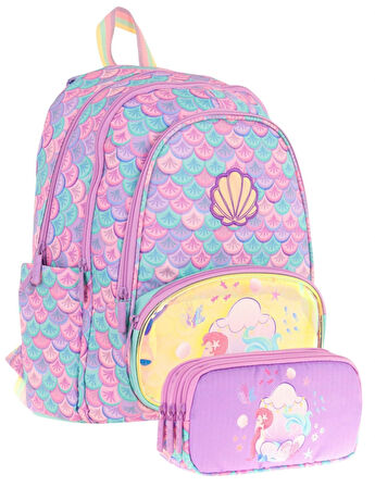 Kaukko Kız Çocuklar İçin Okul Sırt Çantası (L5225) ve Üç Bölmeli Kalemlik (L8225) Seti - Pembe Yeşil - Denizkızı Nakışlı ve Baskılı