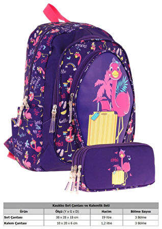 Kaukko Kız Çocuklar İçin Okul Sırt Çantası (L5223) ve Üç Bölmeli Kalemlik (L8223) Seti - Mor Pembe - Flamingo Detaylı