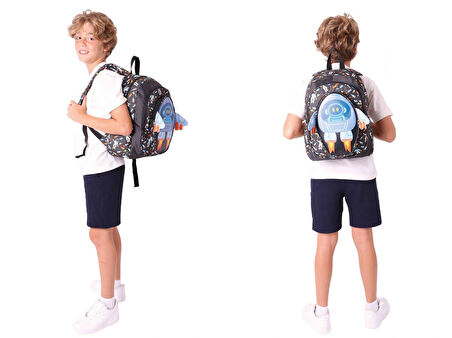 Kaukko Kids 3D Roket Detaylı Okul Çantası (L5264) ve Thermo Beslenme Çantası (L7264) Seti - Erkek Çocuk