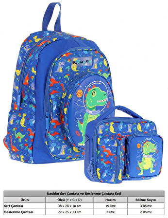 Kaukko Kids 3D Dinazor Detaylı Okul Çantası (L5262) ve Thermo Beslenme Çantası (L7262) Seti - Erkek Çocuk