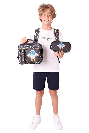 Kaukko Kids Kız Çocuklara Özel (Siyah - 3D Roket Detaylı) Üçlü Okul Çantası Seti