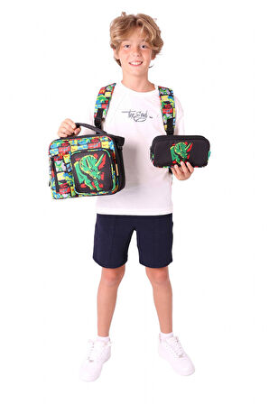 Kaukko Kids Kız Çocuklara Özel (Siyah Yeşil - 3D Gergedan Detaylı) Üçlü Okul Çantası Seti