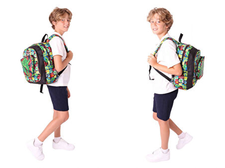 Kaukko Kids Kız Çocuklara Özel (Siyah Yeşil - 3D Gergedan Detaylı) Üçlü Okul Çantası Seti