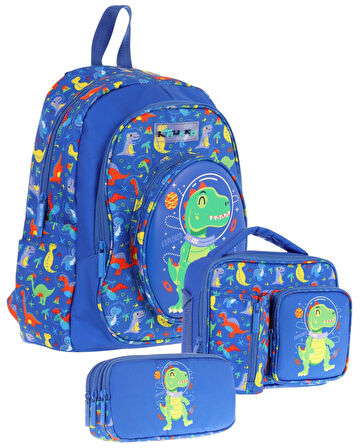 Kaukko Kids Kız Çocuklara Özel (Mavi Yeşil - 3D Dinazor Detaylı) Üçlü Okul Çantası Seti