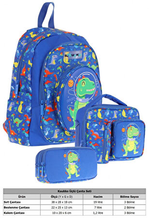 Kaukko Kids Kız Çocuklara Özel (Mavi Yeşil - 3D Dinazor Detaylı) Üçlü Okul Çantası Seti