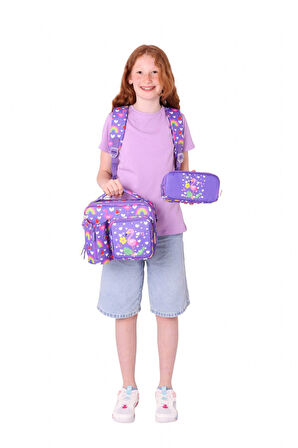 Kaukko Kids Kız Çocuklara Özel (Mor Pembe - Flamingo Nakışlı ve Baskılı) Üçlü Okul Çantası Seti