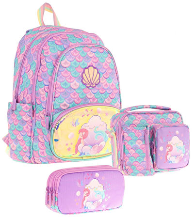 Kaukko Kids Kız Çocuklara Özel (Pembe Yeşil - Denizkızı Nakışlı ve Baskılı) Üçlü Okul Çantası Seti